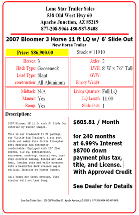 Horse Trailer Payment Sign